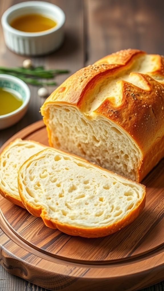 Gluten-Free Bread with 1-to-1 Flour Recipe A golden crusted gluten-free bread loaf sliced on a wooden board with olive oil in the background.